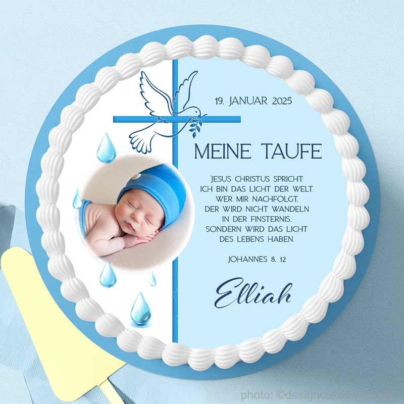 Essbare Tortendeko Taufe Junge rund, mit Wunschtext, Foto für Torte zur Taufe online gestalten